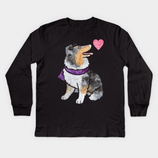 Watercolour Rough Collie dog (merle) Kids Long Sleeve T-Shirt